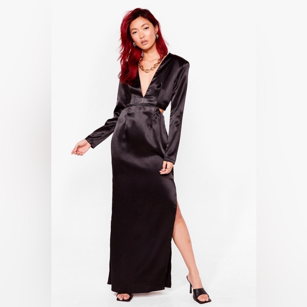 [Nasty Gal] Black Satin Cut Out Gown - Size 8